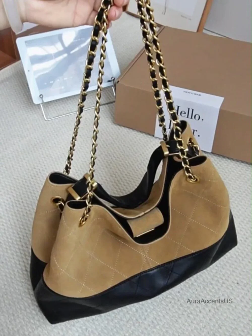 Soft Genuine Leather Lambskin Suede Quilted Bag, Carryall Top Handle Gold Chain